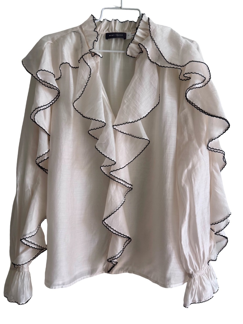 Mint Velvet Contrast Ivory/Black Ruffle Blouse Size Medium